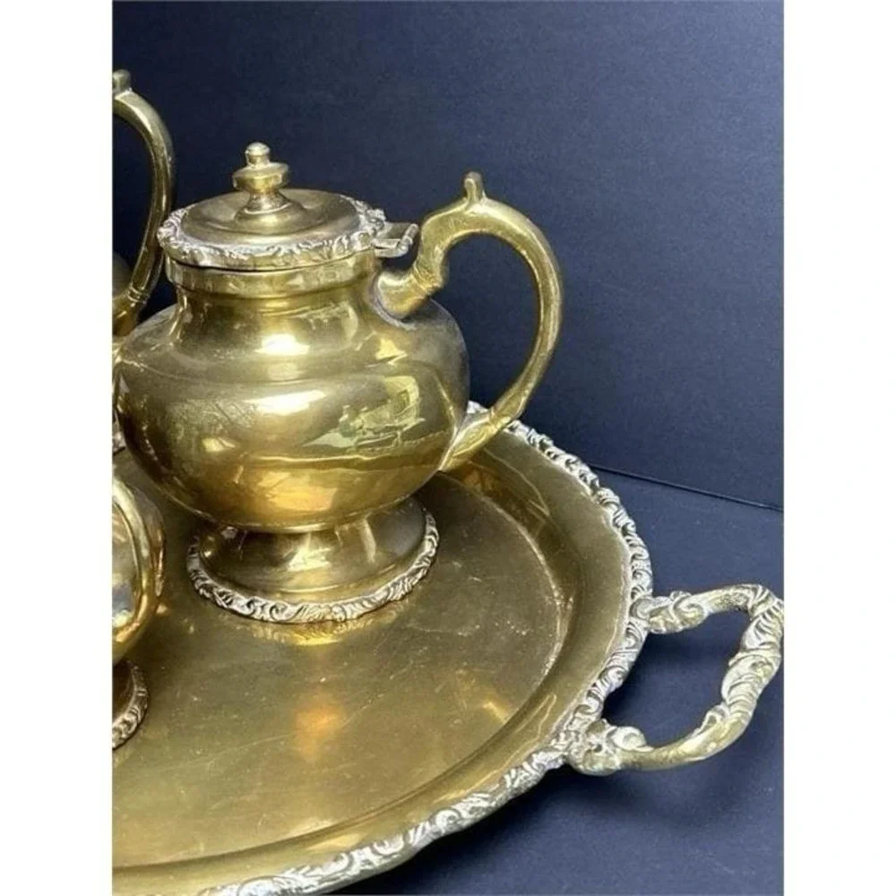 Vintage Solid Brass Tea Coffee Set Tray 4 Pc Teapot Creamer Sugar Ornate